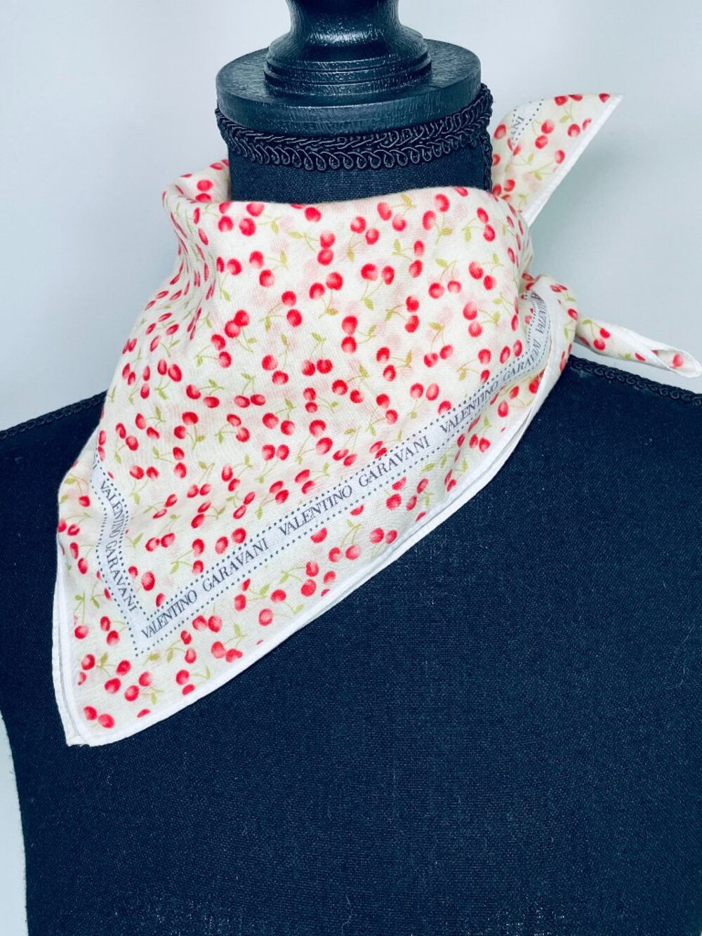 VALENTINO GARAVANI Vintage Cherry Print Cotton Square Scarf / Neckerchief